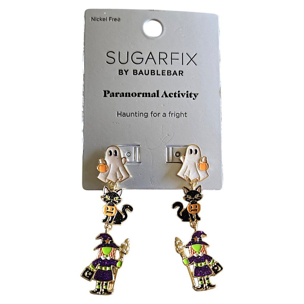 Sugarfix Paranormal Activity Triple Charm Ghost Cat Witch Enamel Dangle Earrings